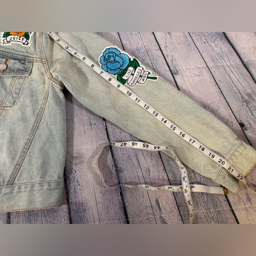 Juicy Couture Cabana Wash Tattoo Patch Distressed Cropped Urban Denim Jacket S - Picture 14 of 14